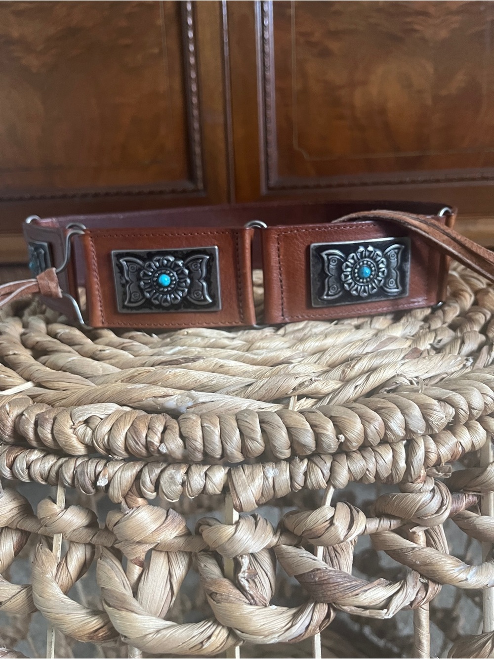 Oleg Cassini Brown Leather Belt with Turquoise Conchos